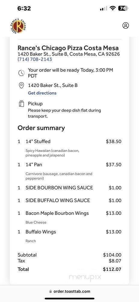 Rance's Chicago Pizza - Costa Mesa, CA menu_pic