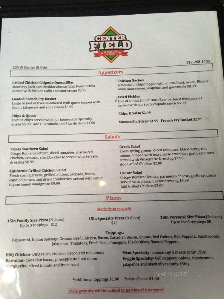 Centerfield Sports Bar & Grill - Kyle, TX menu_pic