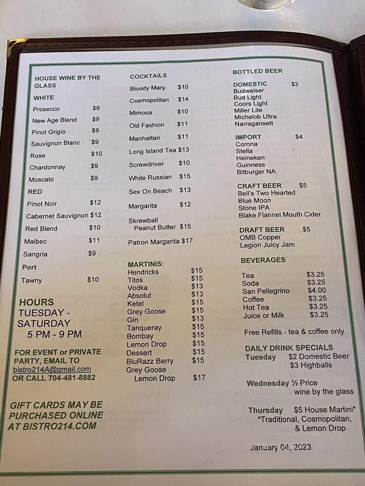 Bistro 214 - Shelby, NC menu_pic