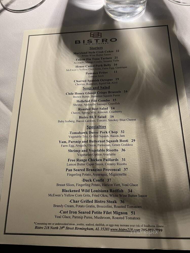 Bistro 218 - Birmingham, AL menu_pic