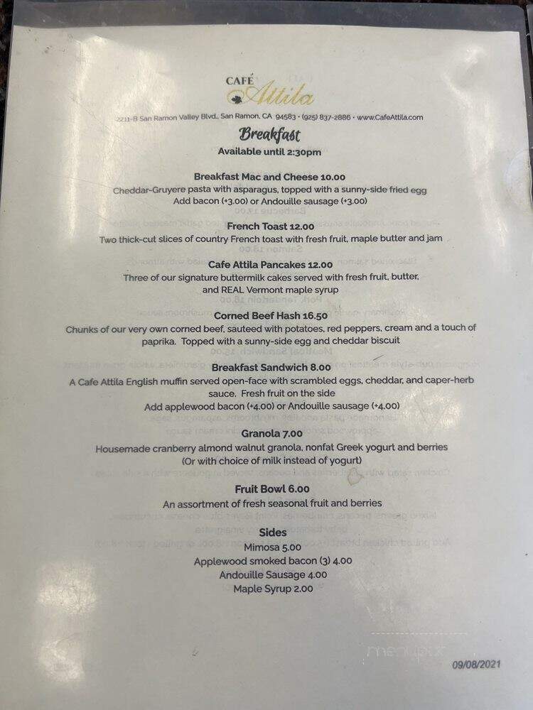 Cafe Attila - San Ramon, CA menu_pic