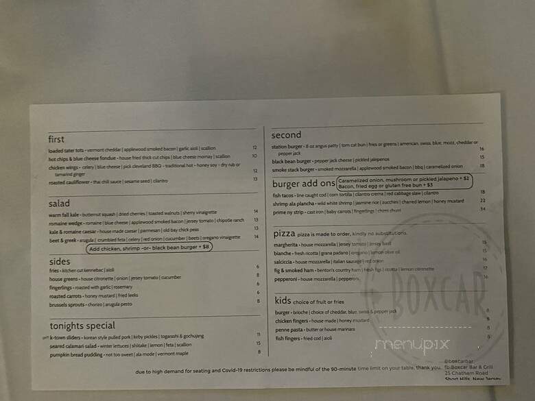 Boxcar Bar Grill - Short Hills, NJ menu_pic