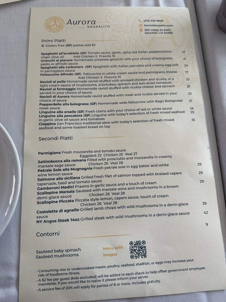 Aurora Ristorante Pizzeria - Sausalito, CA menu_pic