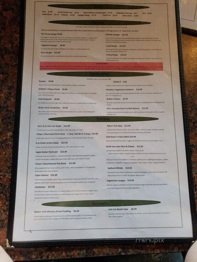 O'Reilly's Irish Bar & Restaurant - Fort Wayne, IN menu_pic