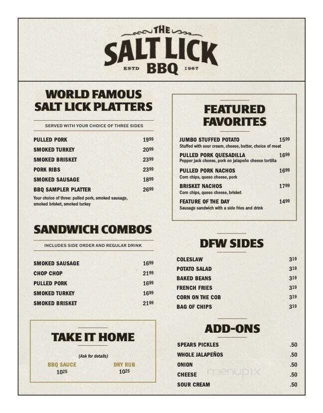 Salt Lick BBQ - Grapevine, TX menu_pic
