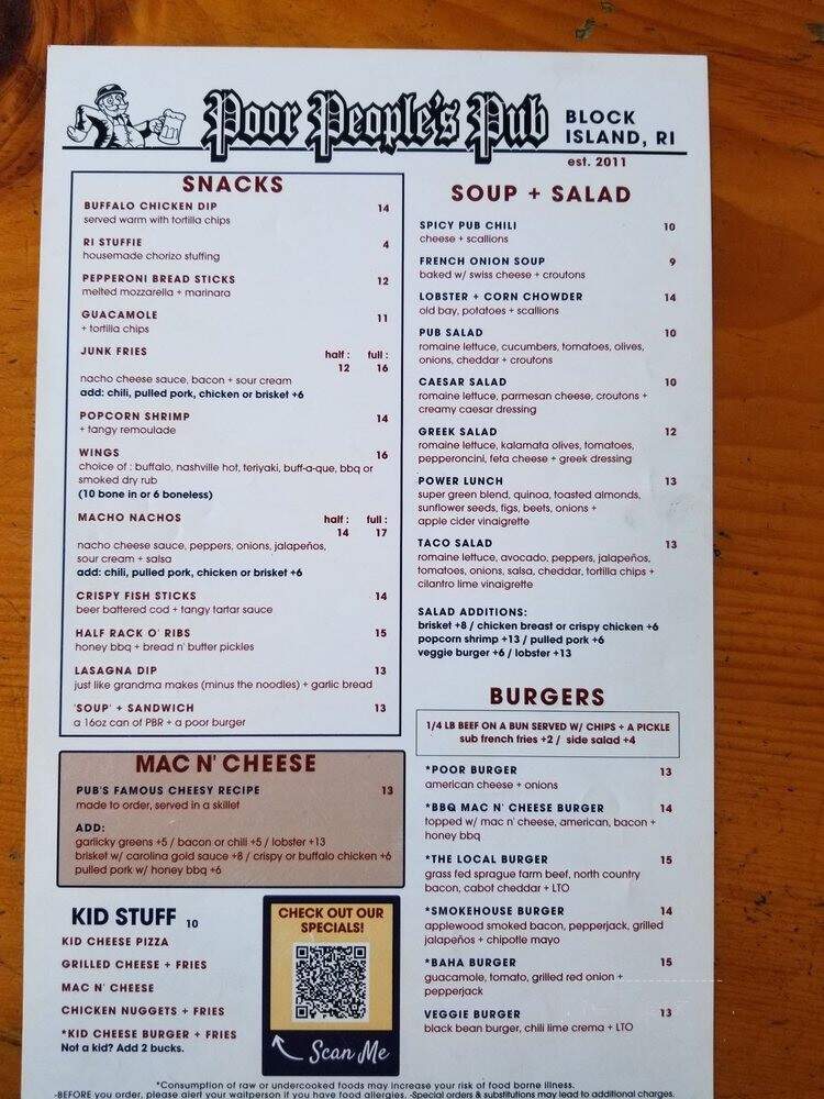 Poor People's Pub - Block Island, RI menu_pic