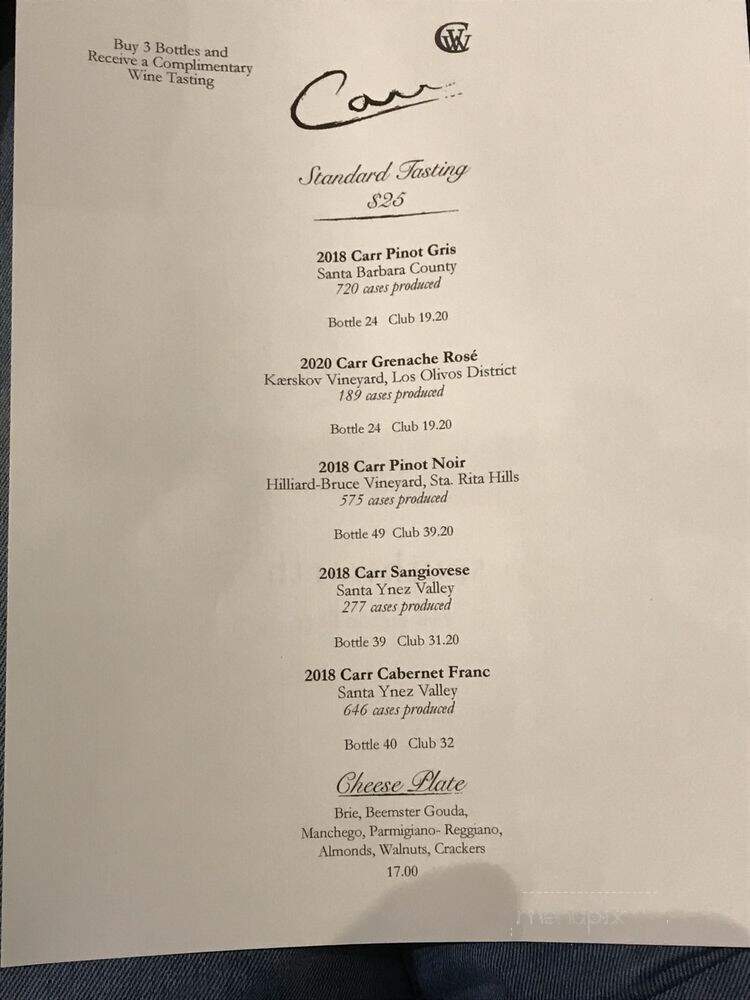Carr Winery - Santa Barbara, CA menu_pic