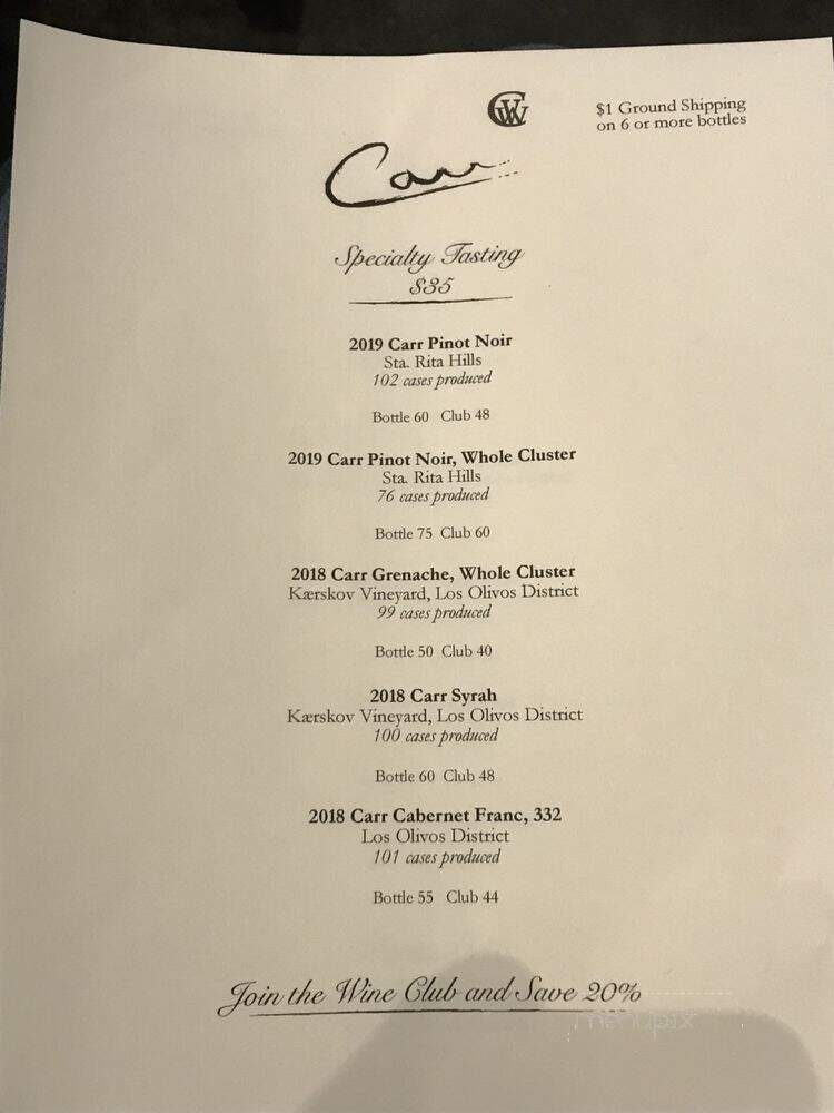 Carr Winery - Santa Barbara, CA menu_pic