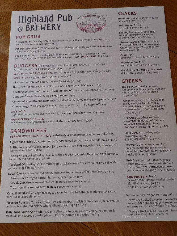 McMenamins Highland Pub - Gresham, OR menu_pic