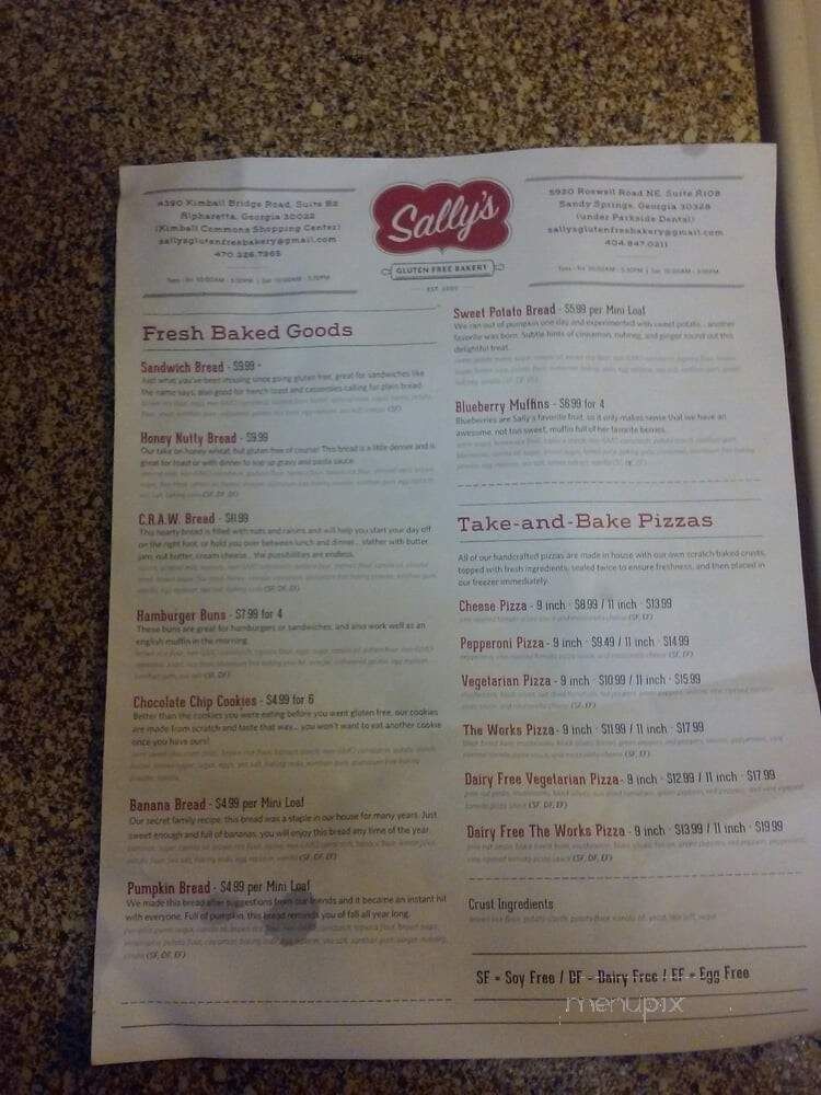 Sally's Gluten Free Bakery - Alpharetta, GA menu_pic