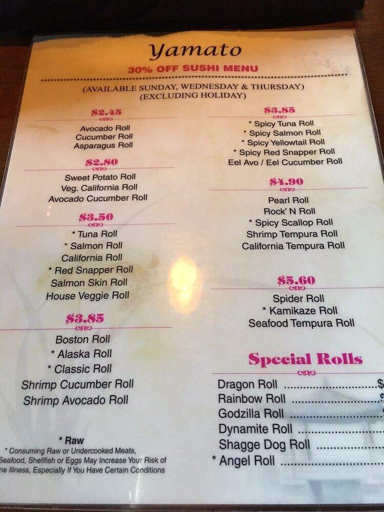 Yamato Japanese Steakhouse - Brockton, MA menu_pic