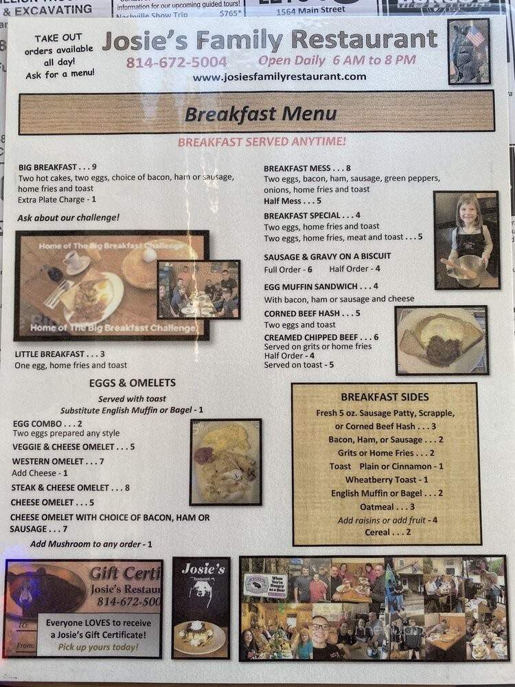 Jossies Family Restaurant - Coalport, PA menu_pic