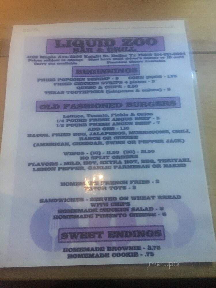 Liquid Zoo - Dallas, TX menu_pic