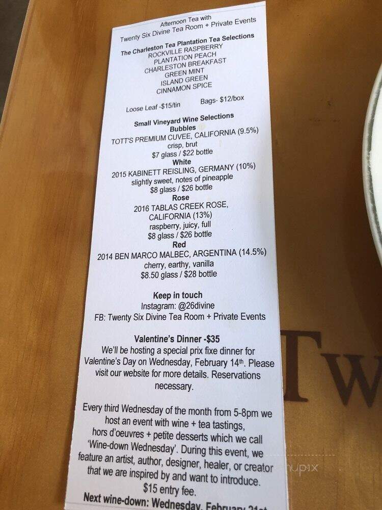 Twenty Six Divine - Charleston, SC menu_pic