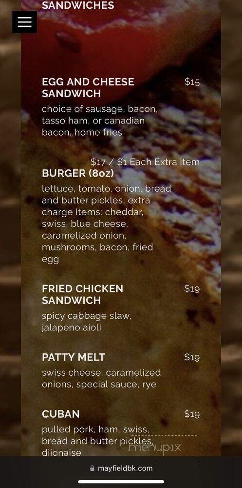 Mayfield - Brooklyn, NY menu_pic
