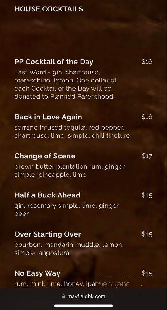 Mayfield - Brooklyn, NY menu_pic