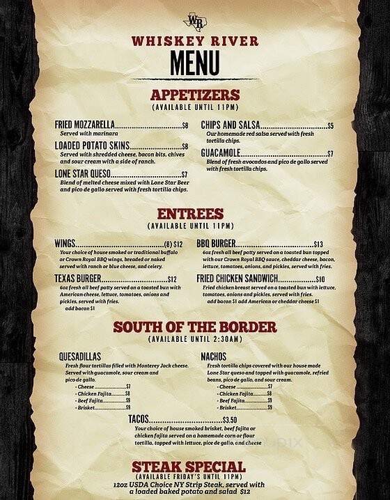 Whiskey River Dance Hall and Saloon - Houston, TX menu_pic