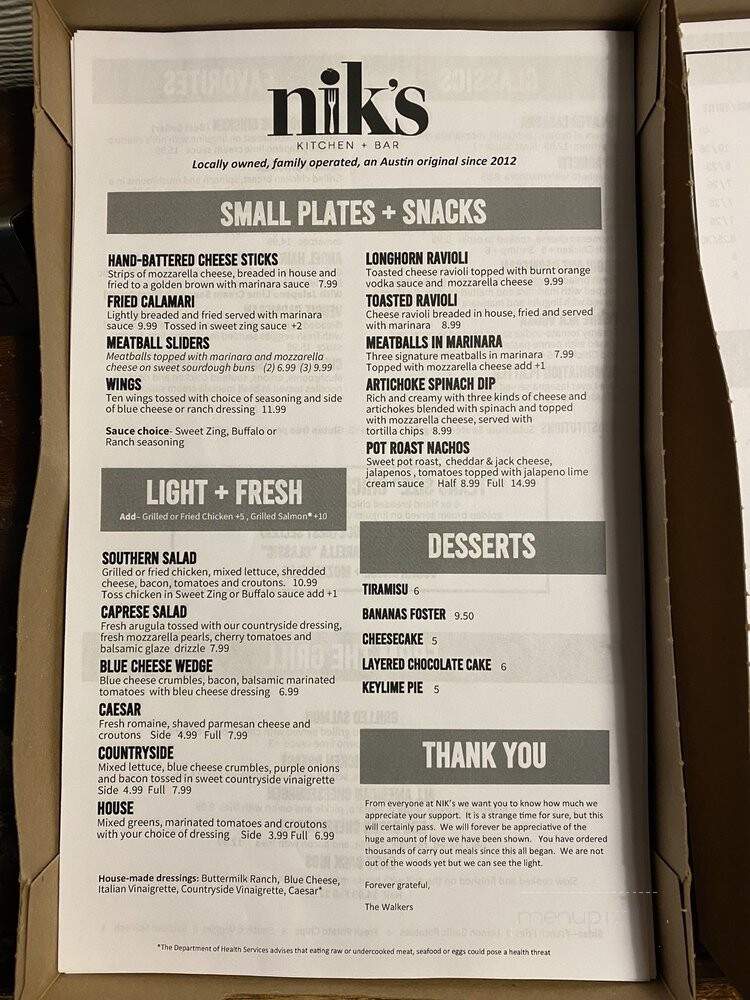 Nik's Italian Kitchen + Bar - Austin, TX menu_pic