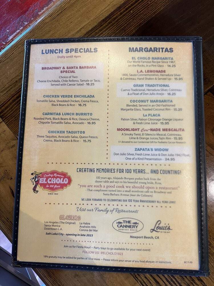 El Cholo Mexican Restaurant - Anaheim, CA menu_pic