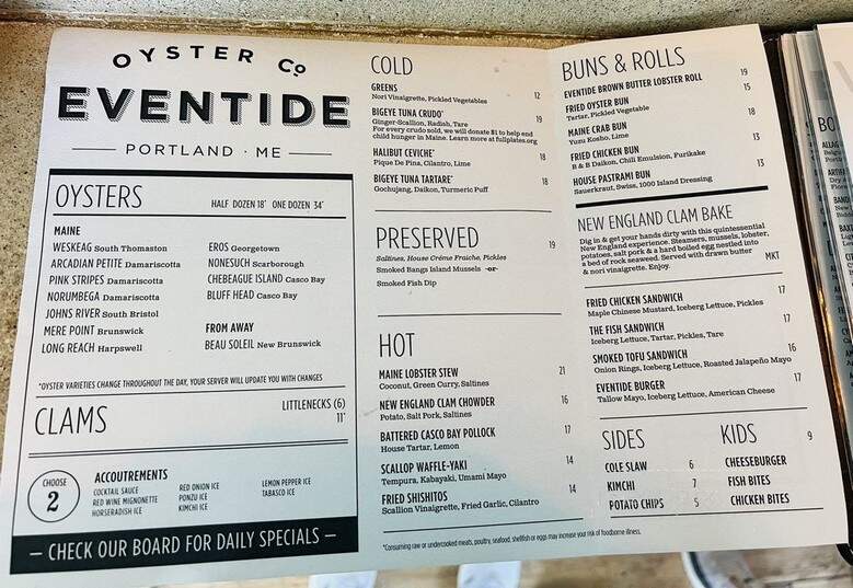 Eventide Oyster Co. - Portland, ME menu_pic