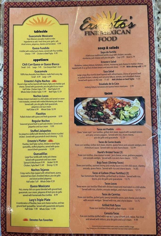 Ernesto's Fine Mexican Food - Frisco, TX menu_pic