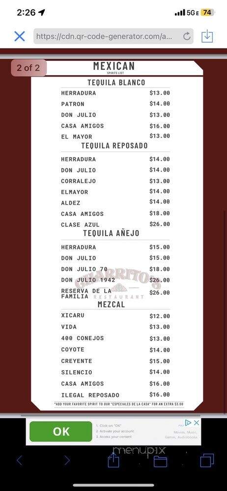Charrito's Restaurant - Weehawken, NJ menu_pic