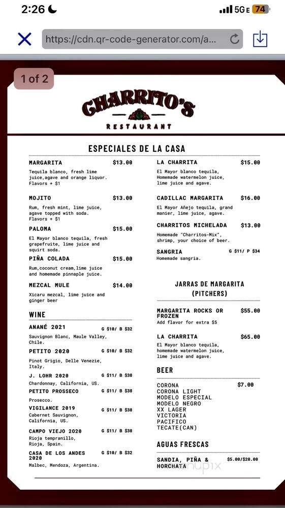 Charrito's Restaurant - Weehawken, NJ menu_pic