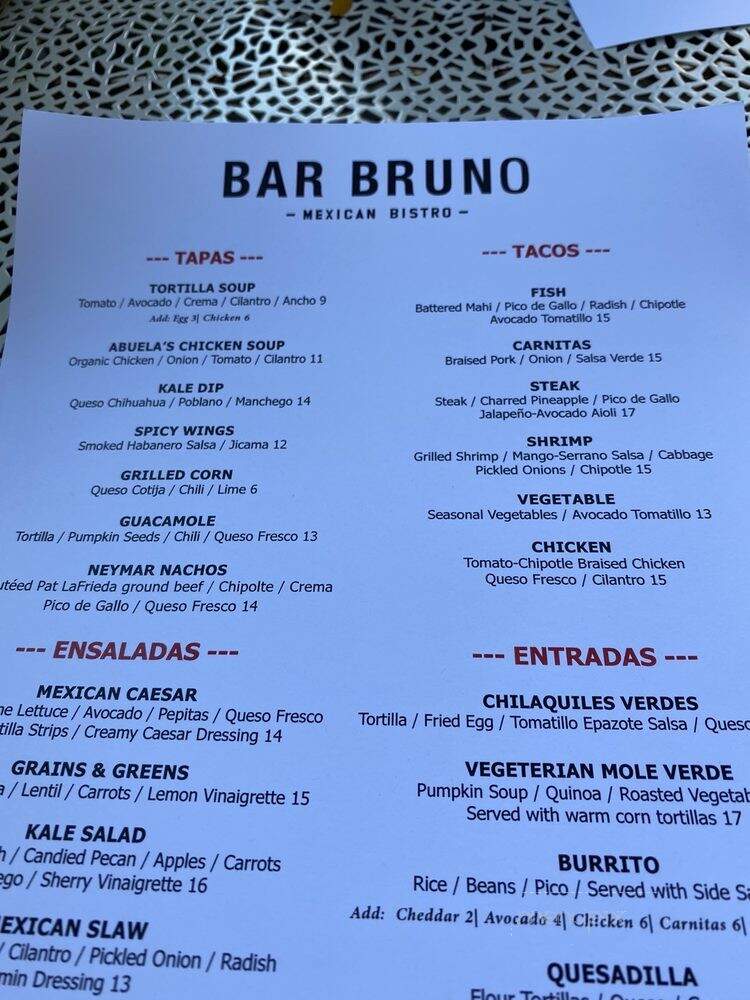 Bar Bruno - Brooklyn, NY menu_pic