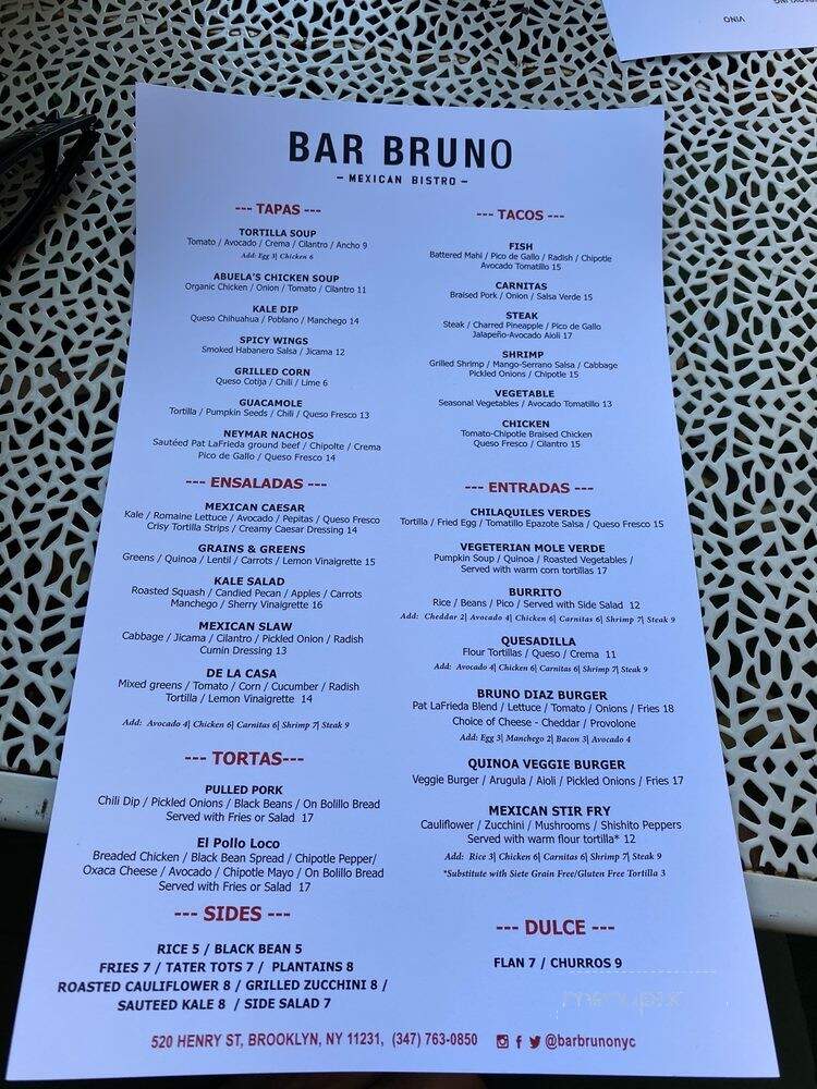 Bar Bruno - Brooklyn, NY menu_pic