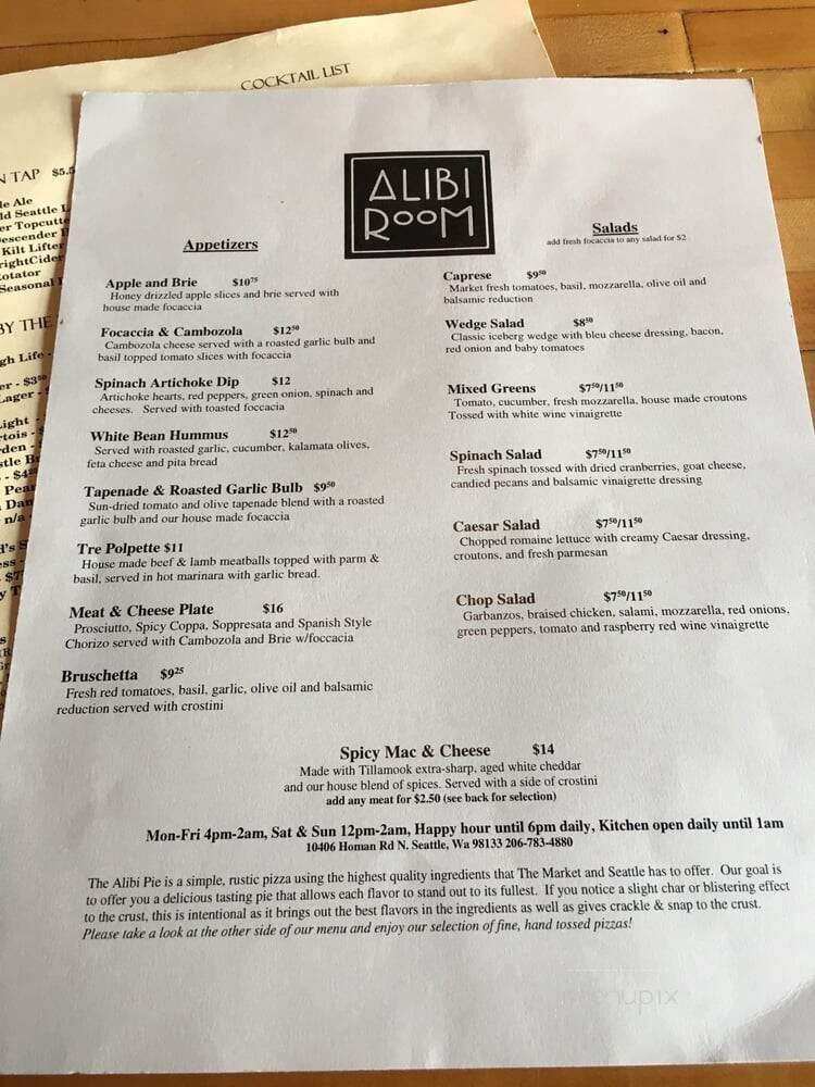 Alibi Room - Seattle, WA menu_pic