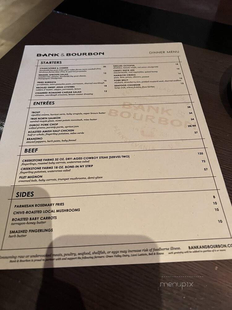Bank and Bourbon - Philadelphia, PA menu_pic