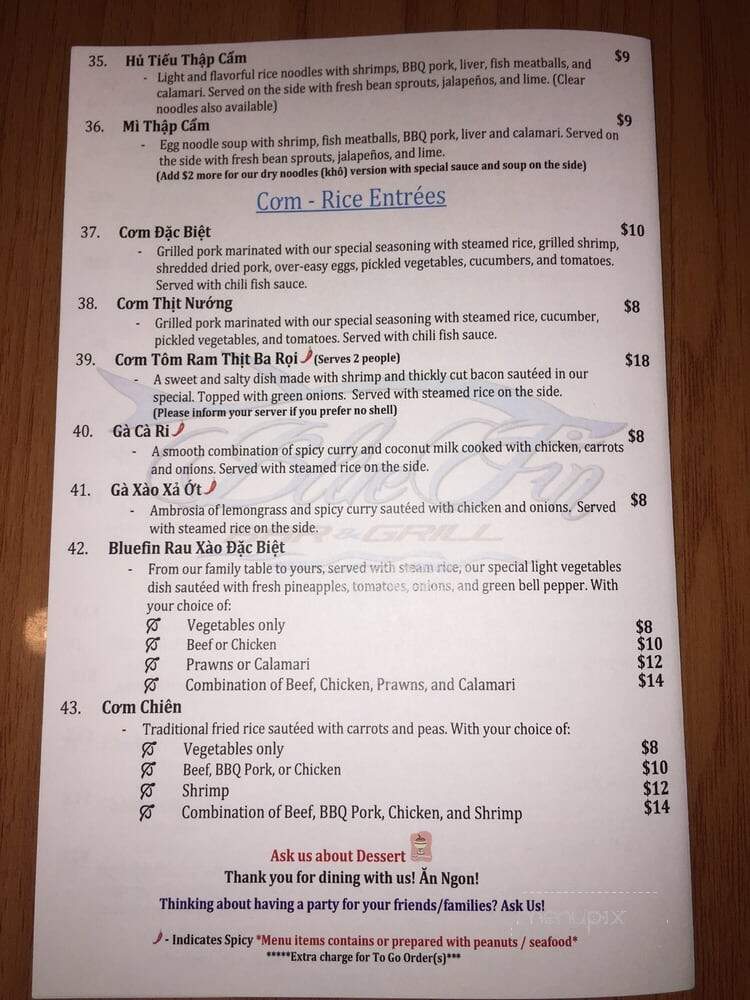 Bluefin Bar and Grill - Portland, OR menu_pic