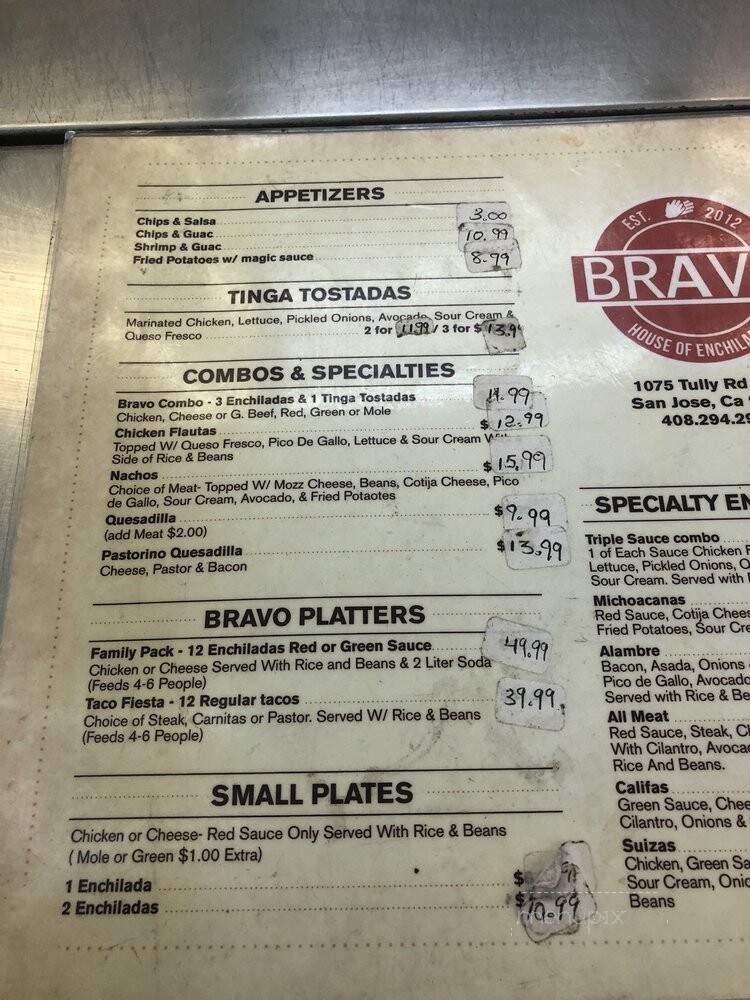 Bravo! House of Enchiladas - San Jose, CA menu_pic