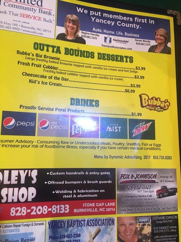Bubba's Good Eats - Burnsville, NC menu_pic