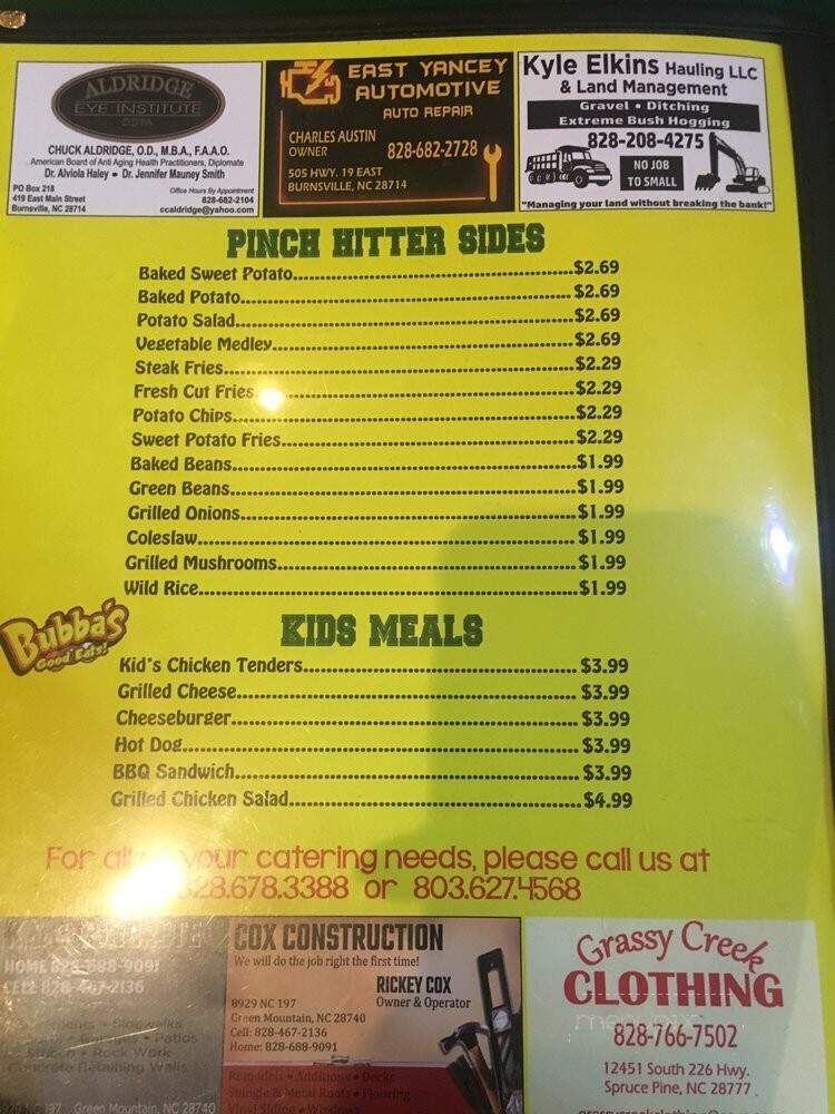 Bubba's Good Eats - Burnsville, NC menu_pic