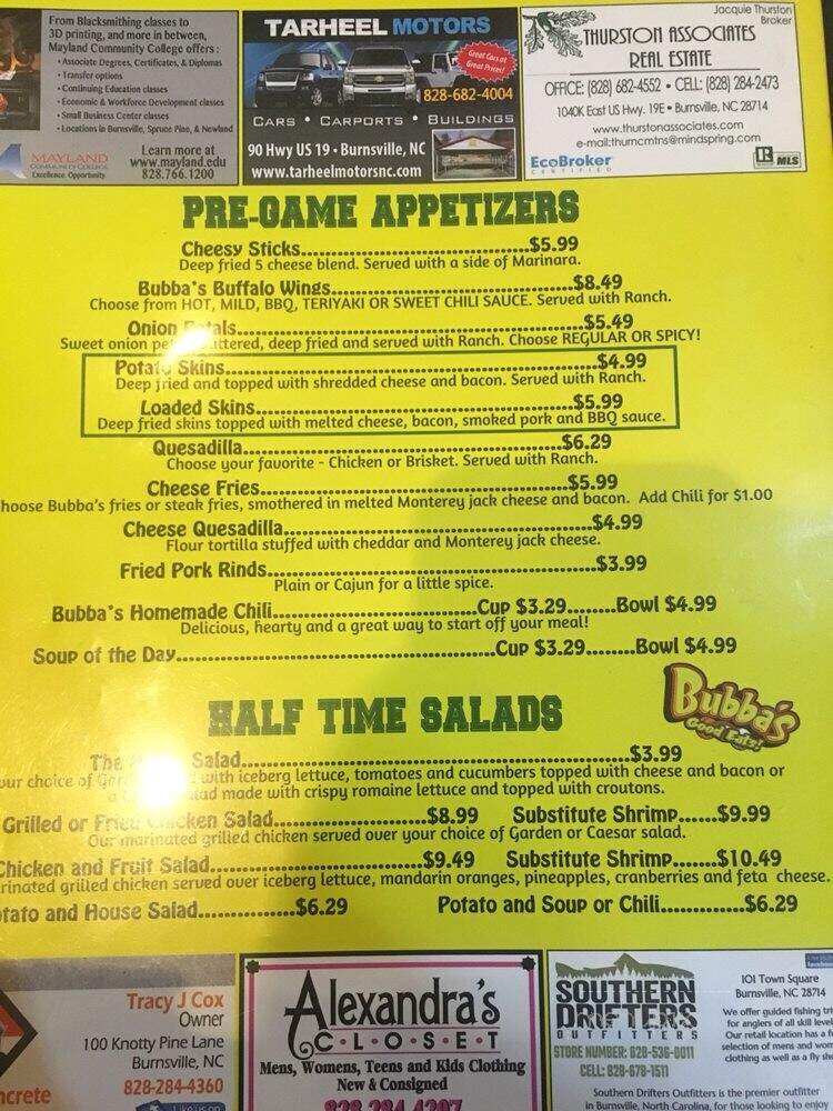 Bubba's Good Eats - Burnsville, NC menu_pic