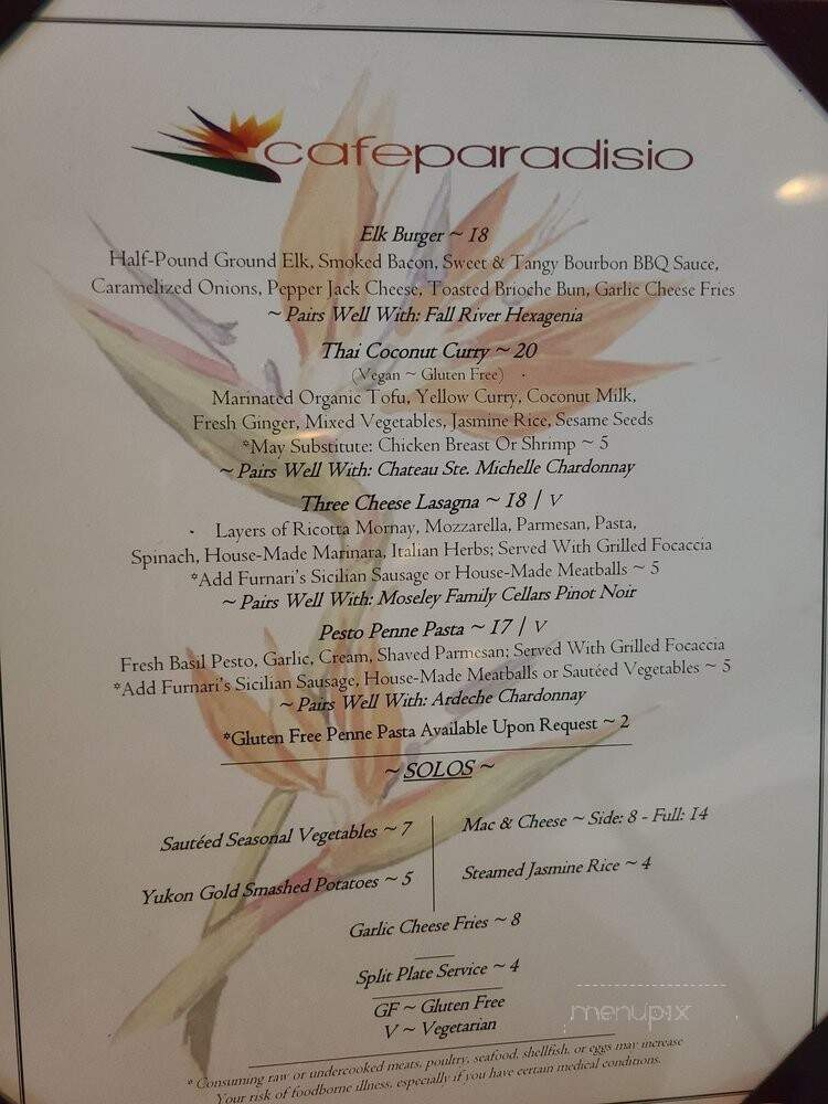 Cafe Paradisio - Redding, CA menu_pic