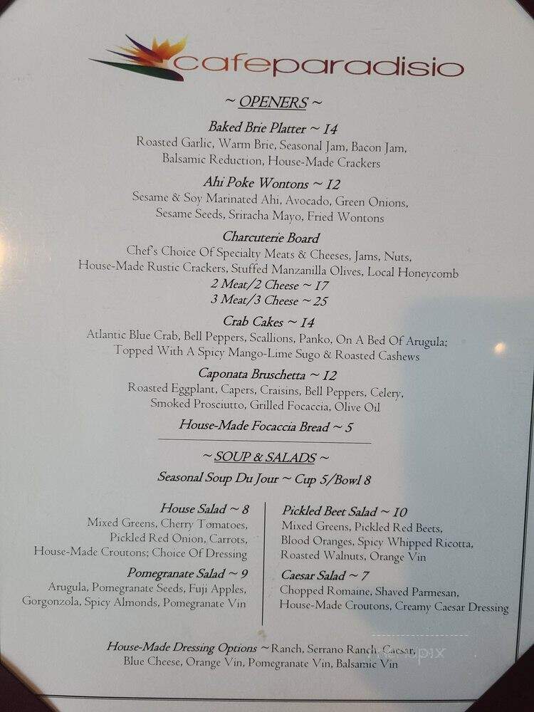 Cafe Paradisio - Redding, CA menu_pic