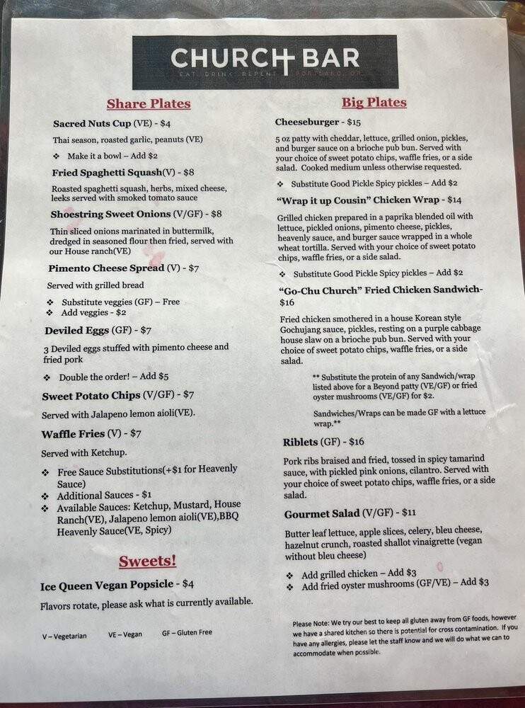 Church - Portland, OR menu_pic