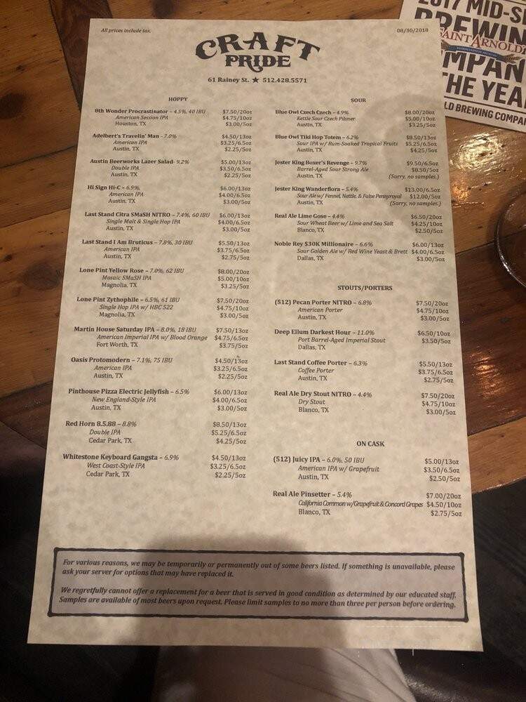 Craft Pride - Austin, TX menu_pic