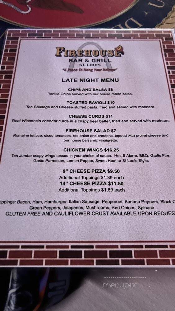 Firehouse Bar & Grill - Saint Louis, MO menu_pic
