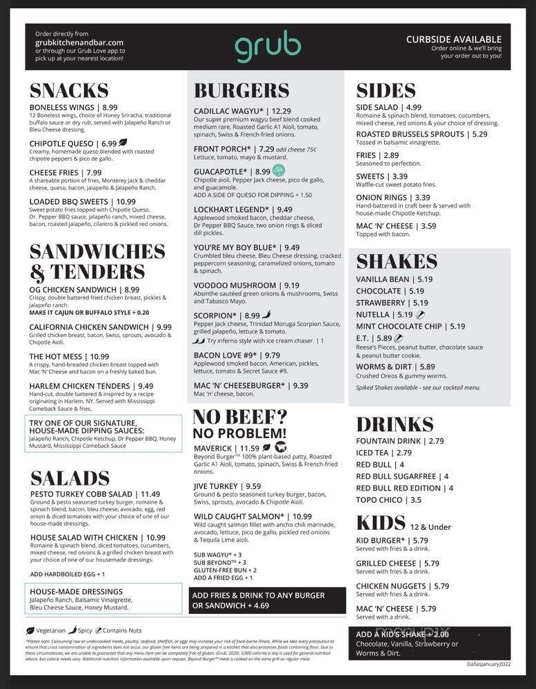 Grub Burger Bar - Dallas, TX menu_pic