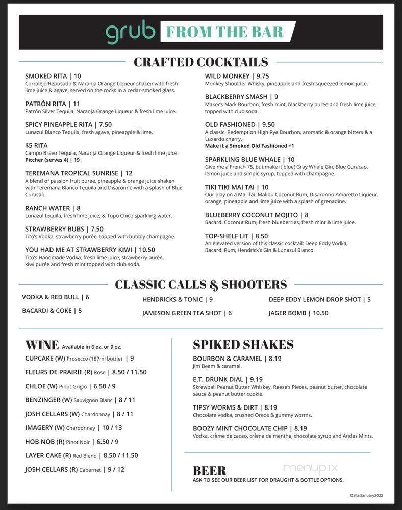 Grub Burger Bar - Dallas, TX menu_pic