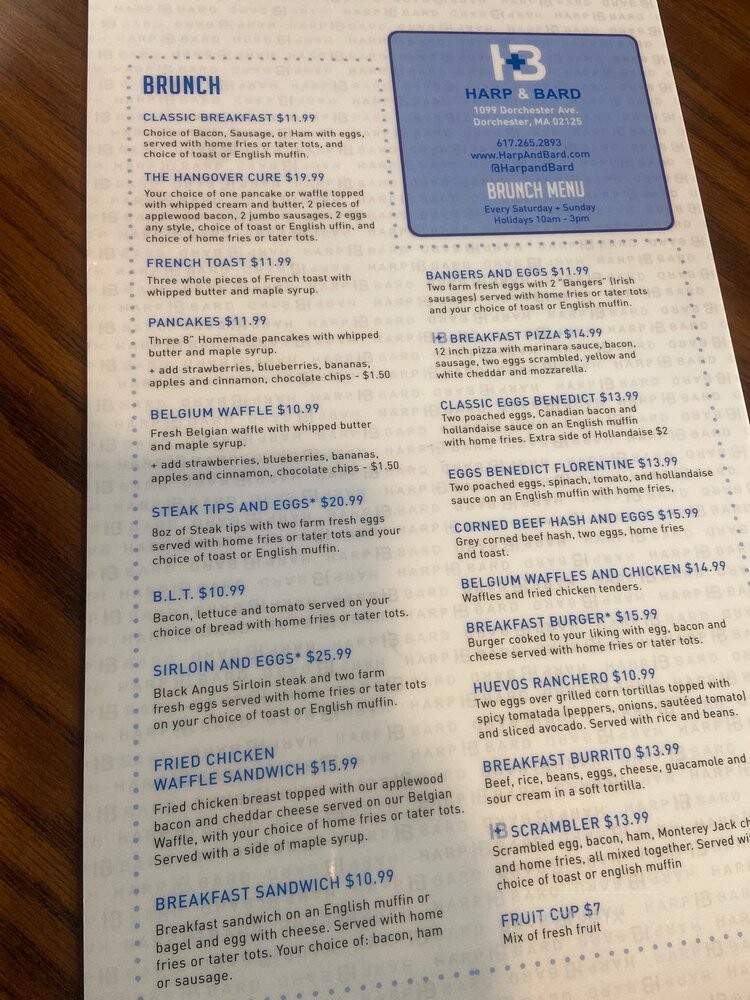 Harp & Bard Restaurant - Dorchester, MA menu_pic
