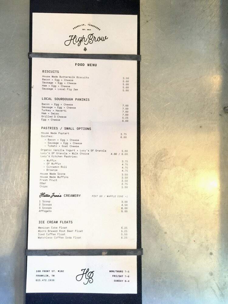 High Brow Brew - Franklin, TN menu_pic