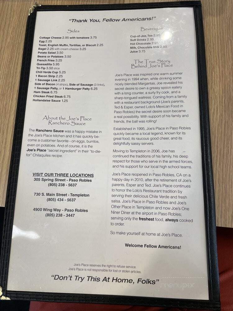 Joe's Place - Paso Robles, CA menu_pic