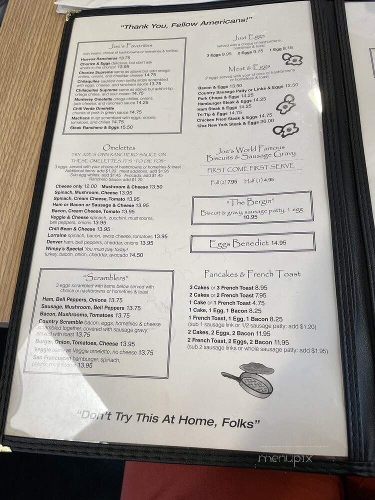 Joe's Place - Paso Robles, CA menu_pic