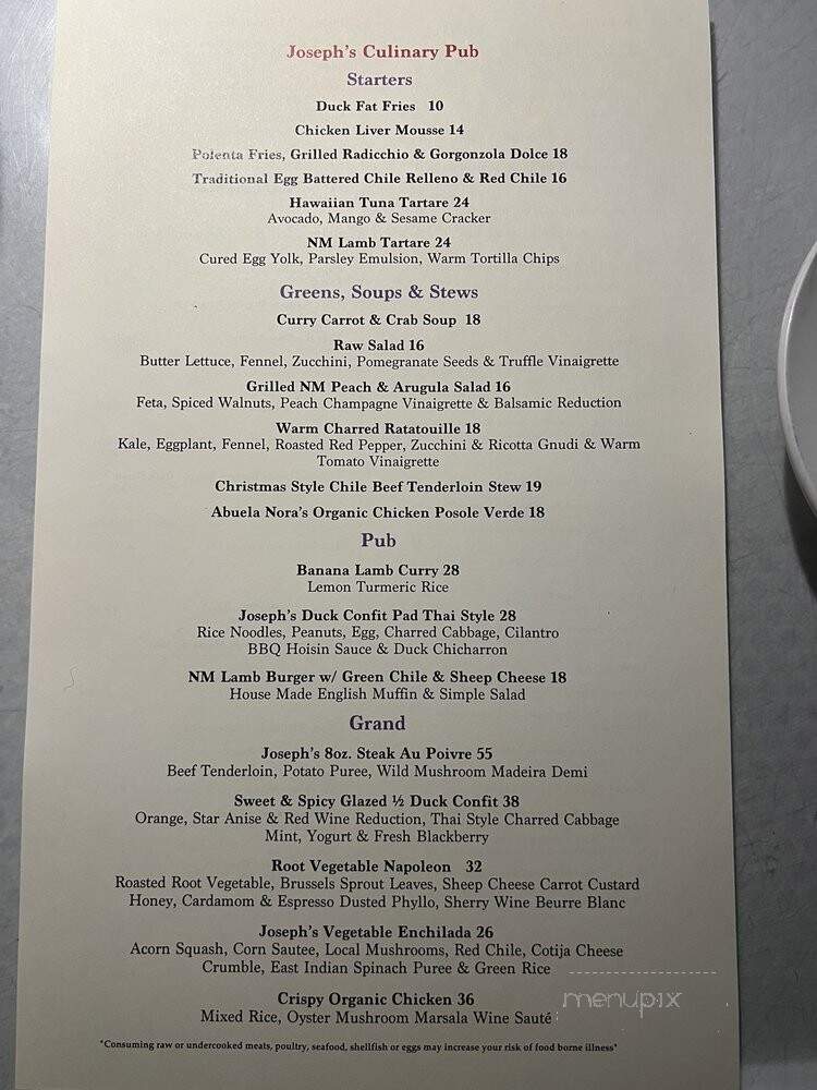 Joseph's Culinary Pub - Santa Fe, NM menu_pic