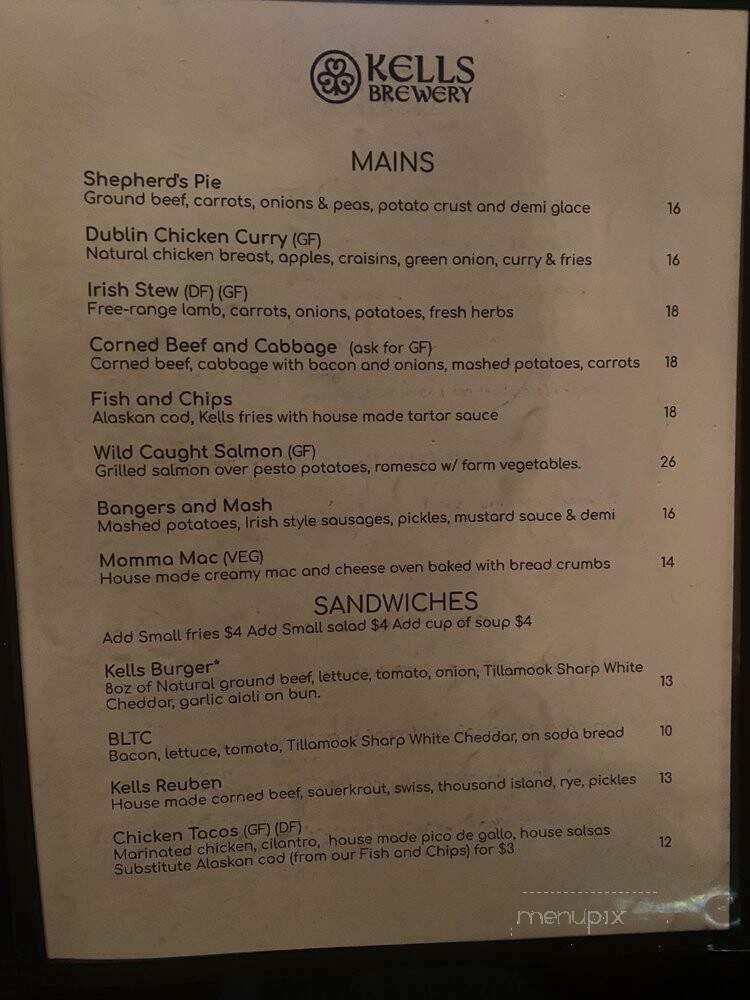 Kell's Brew Pub - Portland, OR menu_pic