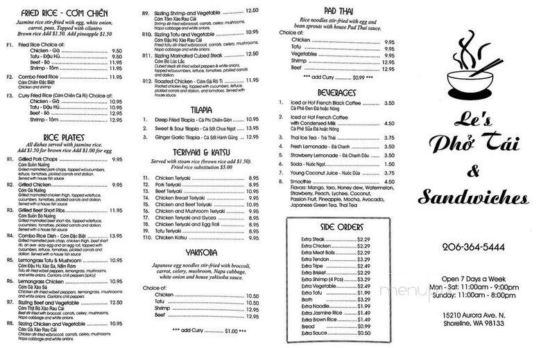 Le's Pho Tai - Shoreline, WA menu_pic